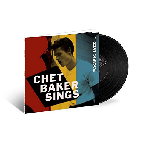 Chet Baker album cover and black vinyl record on white background.