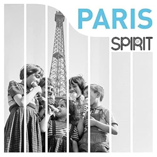 Black and white photo of children and the Eiffel Tower, with text.