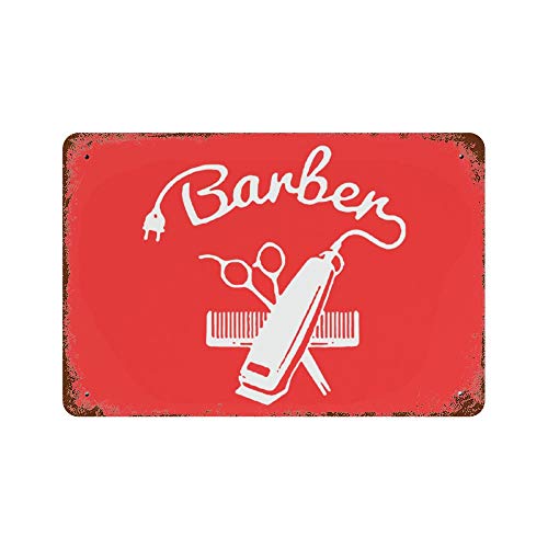 Red metal sign with white barber tools and script lettering.