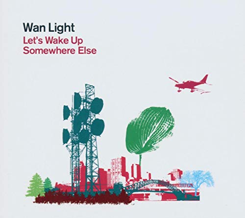 CD cover with cityscape, radio tower, plane, and abstract green foliage.