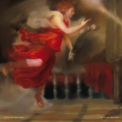Painting of a figure in red falling amidst swirling smoke and shadows.