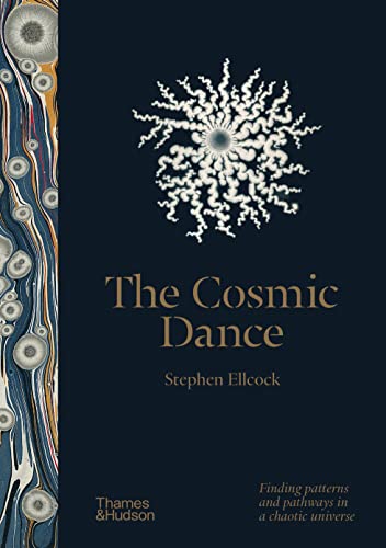 Book cover with a dark blue background, white radiating pattern, and marbled side border.