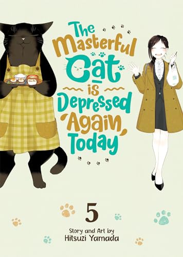 A large black cat in an apron and a woman stand on a cover.