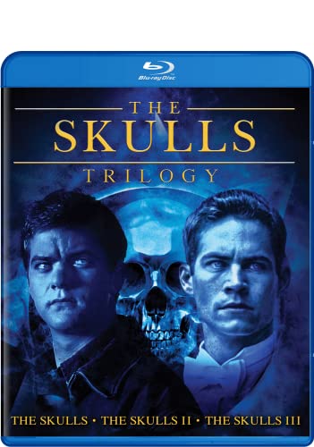 Blu-ray cover for "The Skulls" trilogy featuring two men and a skull.