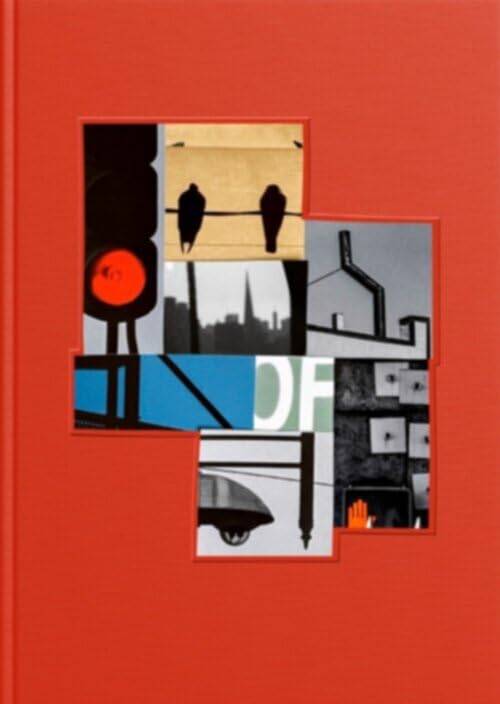 Red book cover with a collage of urban scenes and birds.