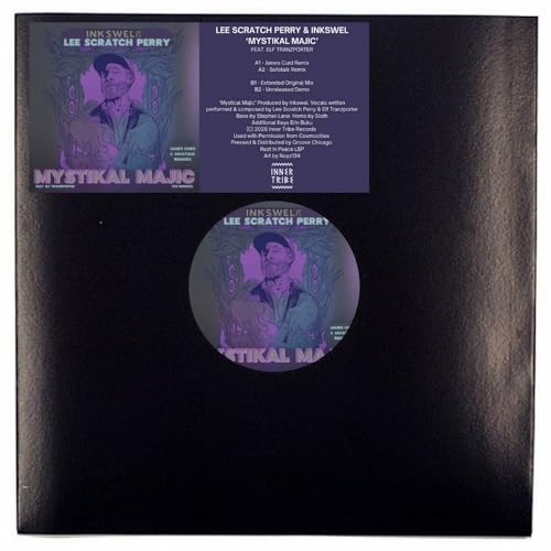 Vinyl record with purple label featuring portrait and text: "Mystikal Majic".