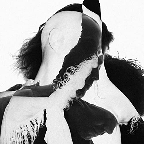 Black and white abstract portrait of a person embracing another.