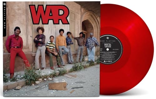 WAR album cover with band photo and a red vinyl record beside it.