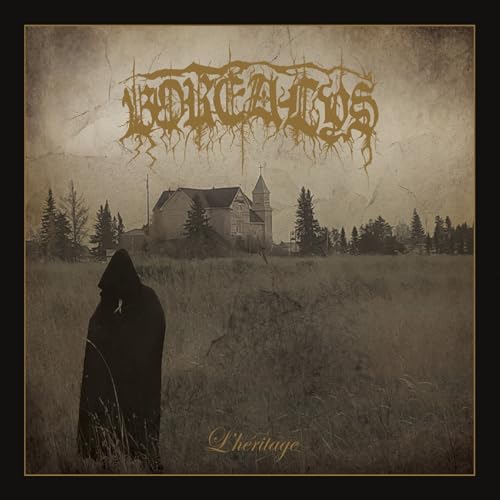 Dark album cover with a building, trees, and a cloaked figure.