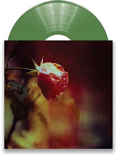 Olive green vinyl record with a blurred image of a red rose.