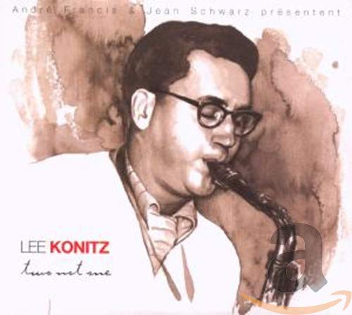 Lee Konitz portrait playing saxophone on CD cover, sepia tone.