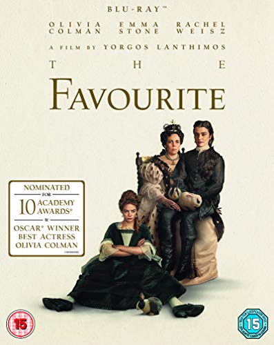 Blu-ray cover for "The Favourite" featuring three women in historical dress.