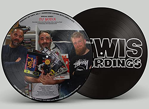 Black vinyl record with a picture of three men and text overlay.