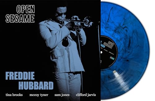 Freddie Hubbard album cover and blue marble vinyl record shown.