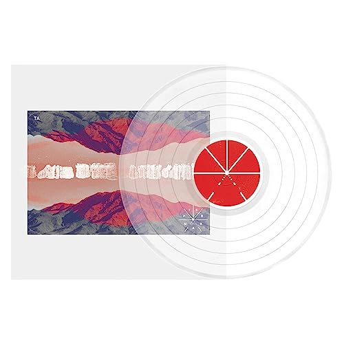 Clear vinyl record with red and blue landscape album art.