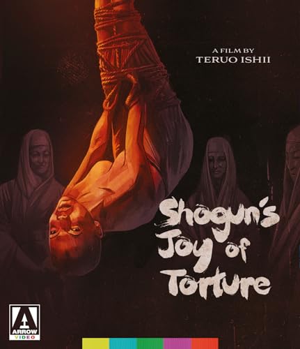 Bound figure hanging upside down, with hooded figures in the background.