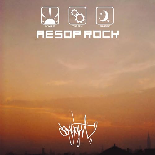 Aesop Rock’s “Daylight” CD cover: orange sky with icons and white text.
