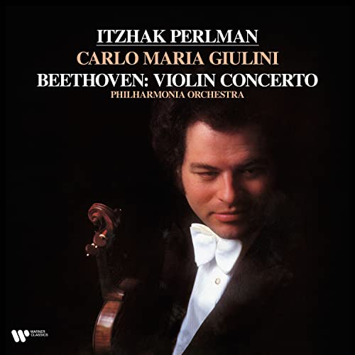 Itzhak Perlman portrait with violin, album cover for Beethoven’s Violin Concerto.