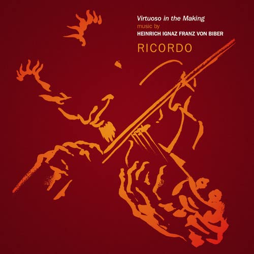 CD cover: abstract orange violin and musical notes on red background.