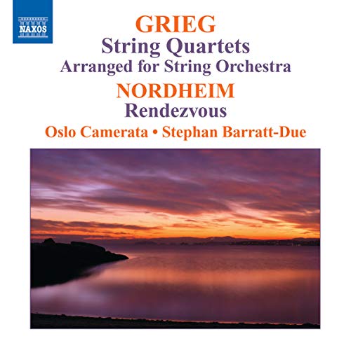 CD cover for Grieg and Nordheim string quartets with sunset landscape.