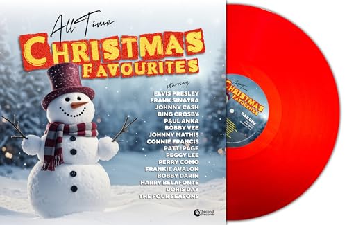 Red vinyl record with Christmas-themed album cover featuring a snowman.