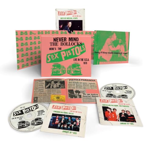 Sex Pistols CD set with pink and green packaging, open booklet, and discs.