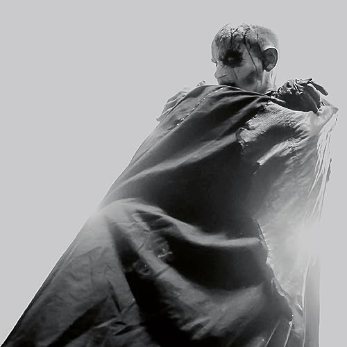 Black and white portrait of a figure in dark, draped clothing.