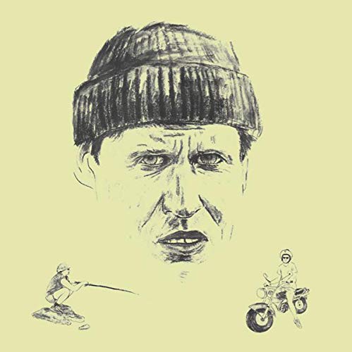 Sketch of a man’s face with small figures below, vinyl record cover.