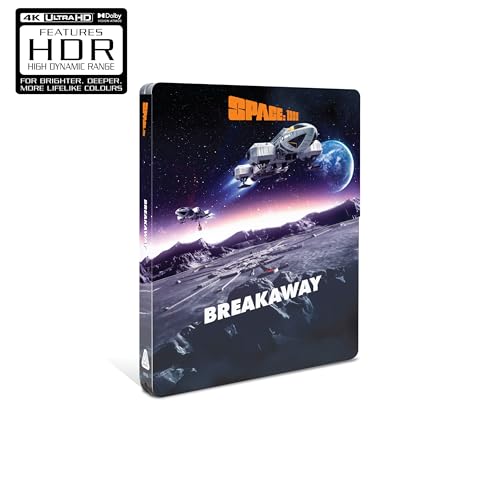 Steelbook Blu-ray cover for “Space: 1999 Breakaway” featuring spaceships and Moon base.