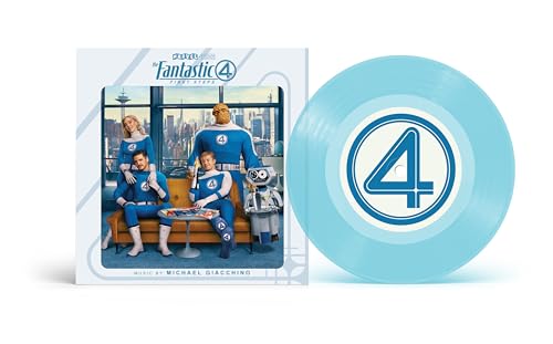 Fantastic Four soundtrack vinyl record and cover art with superhero characters.