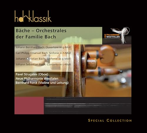 CD cover featuring a close-up of a wooden oboe and text about Bach’s orchestral works.