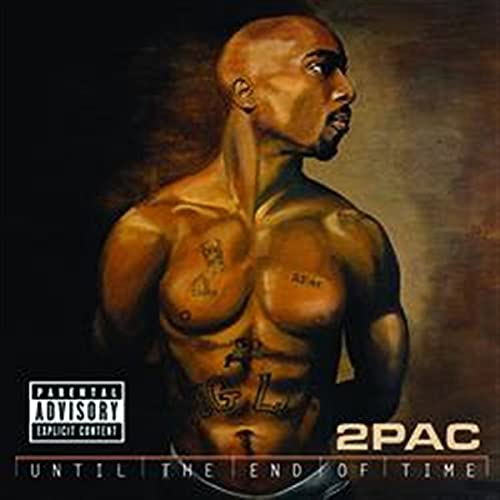 Shirtless 2Pac portrait with tattoos against a dark background, album title and advisory label.