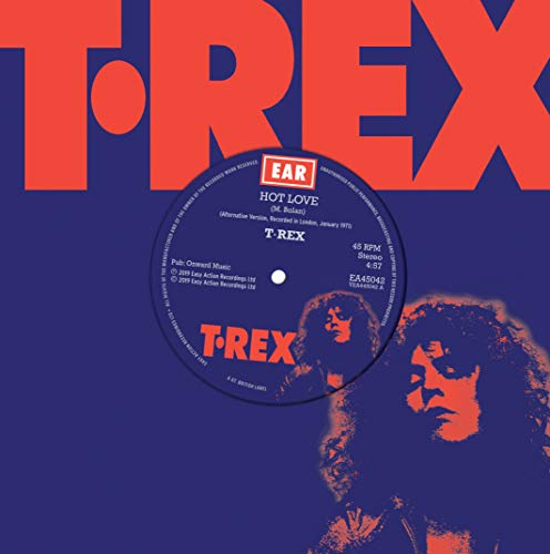 T. Rex "Hot Love" 7-inch vinyl record label with band member portrait.