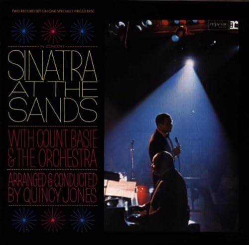 Frank Sinatra album cover, dark background, stage lighting, and musicians.