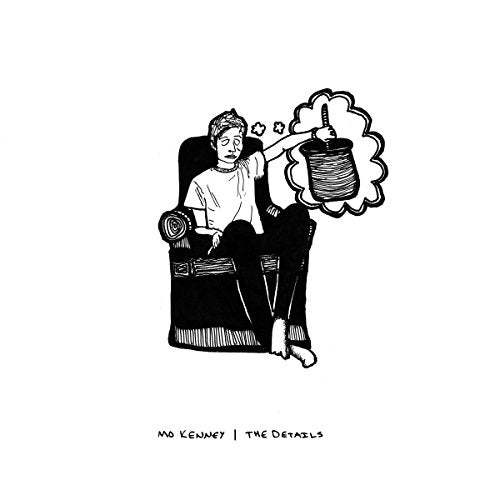 Black and white illustration of a person with a pot, album cover.