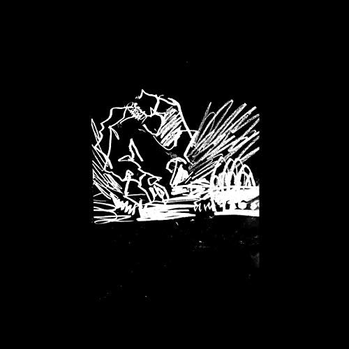 Black and white abstract line drawing of figures in a landscape.