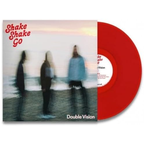 Red vinyl record with album cover depicting figures on a beach.