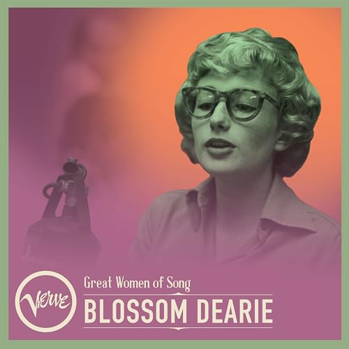 Blossom Dearie portrait album cover with pink and purple gradient background.