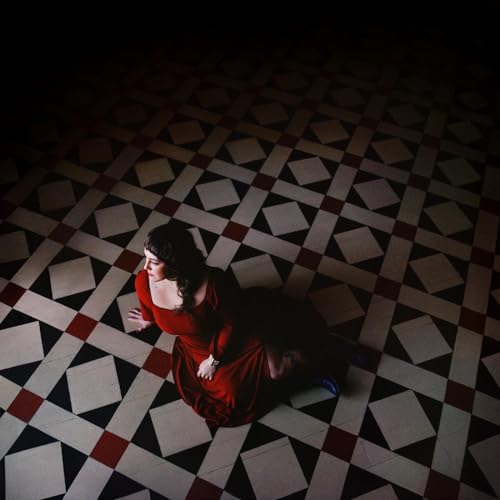 Woman in red dress kneeling on patterned tile floor.