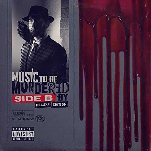 Eminem album cover: man in suit, blood-like drips, and text “Music to Be Murdered By.”