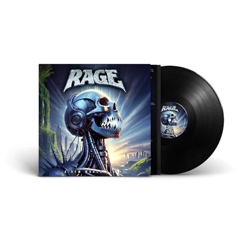 RAGE album cover with robotic skull and black vinyl record.