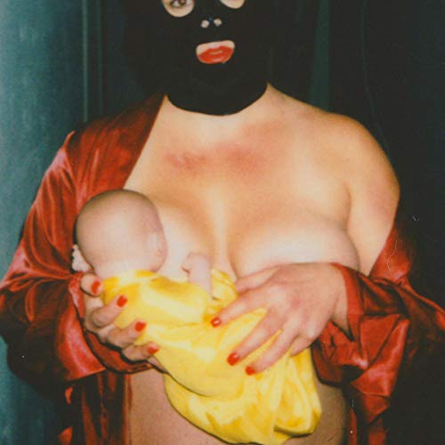 Person in balaclava holding a baby, album cover art.