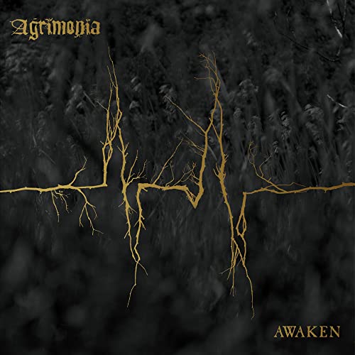 CD cover for Agrimonia’s “Awaken” featuring golden branches on a black background.