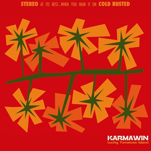 Red album cover with stylized orange tomato blossoms and green stems.