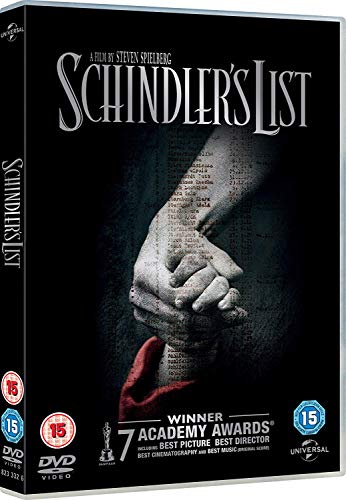 DVD cover for "Schindler's List" showing a hand holding another’s wrist.
