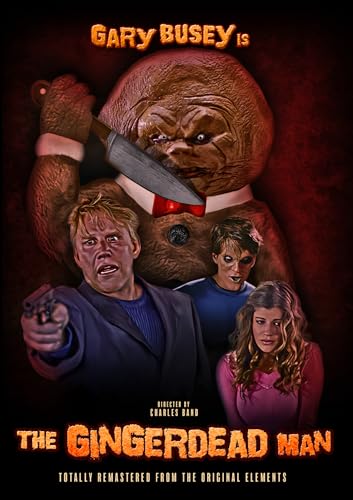 Horror movie poster: a menacing gingerbread man with a knife, and frightened people.