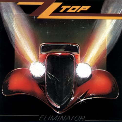 ZZ Top’s “Eliminator” vinyl album cover featuring a red hot rod.