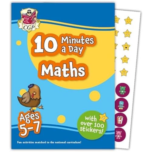 CGP 10 Minutes a Day Maths workbook for ages 5-7 with a sticker sheet.