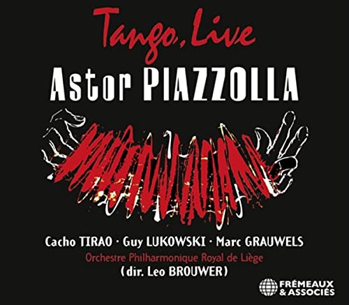 CD cover for Astor Piazzolla’s “Tango, Live” with red text and abstract art.