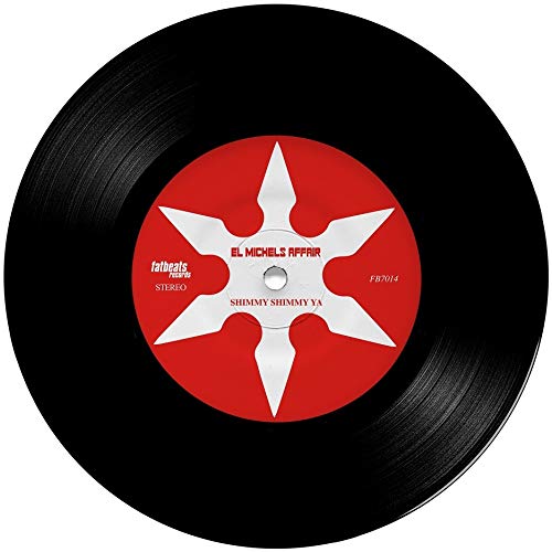 Black vinyl record with a red center label featuring a white starburst design.